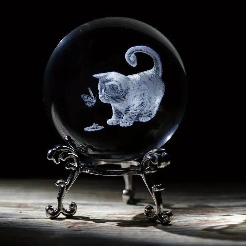 Cat & Butterfly Pattern Crystal Ball with Stand, 3D Laser Carved Cat & Butterfly Statue Crystal Glass Ball, Desktop Decoration, Gift for Cat Lovers