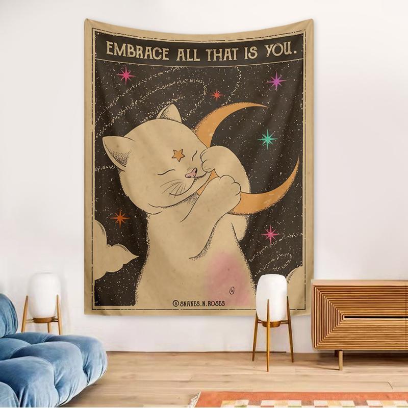 Cute Cartoon Cat Holding Moon Pattern Tapestry, 1 Count Colorful Wall Hanging Tapestry, Wall Art Decor for Home Living Room Bedroom