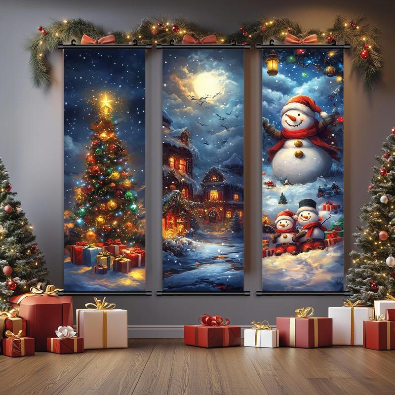 Christmas Themed Wall Banner, 3 Counts set Snowman & Tree & Town Pattern Wall Decor, Wall Art for Home Living Room Bedroom Office School