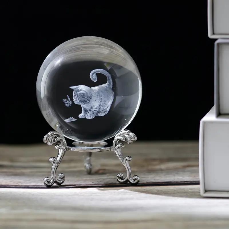 Cat & Butterfly Pattern Crystal Ball with Stand, 3D Laser Carved Cat & Butterfly Statue Crystal Glass Ball, Desktop Decoration, Gift for Cat Lovers