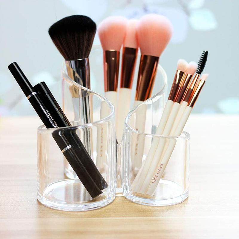 Clear Makeup Brush Holder Organizer, Large Wavy 3 Compartment Acrylic Multi-Purpose Cosmetics Brushes Storage Solution for Eyeliner Pencil and Tall Beauty Tools (Gift-Ready)