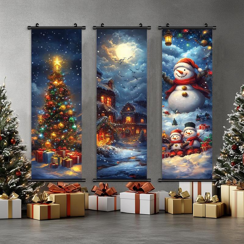 Christmas Themed Wall Banner, 3 Counts set Snowman & Tree & Town Pattern Wall Decor, Wall Art for Home Living Room Bedroom Office School