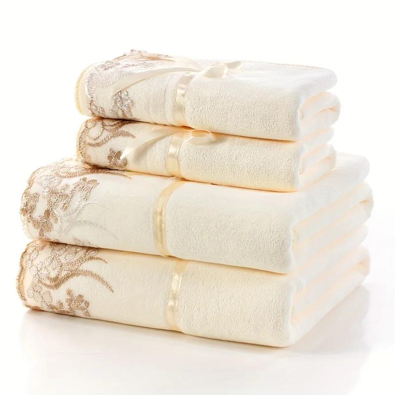 Super Absorbent Space Themed Towel Set - 100% Polyester, 2 Bath & 2 Hand Towels with Lace Embroidery - Modern Style, 350g ㎡