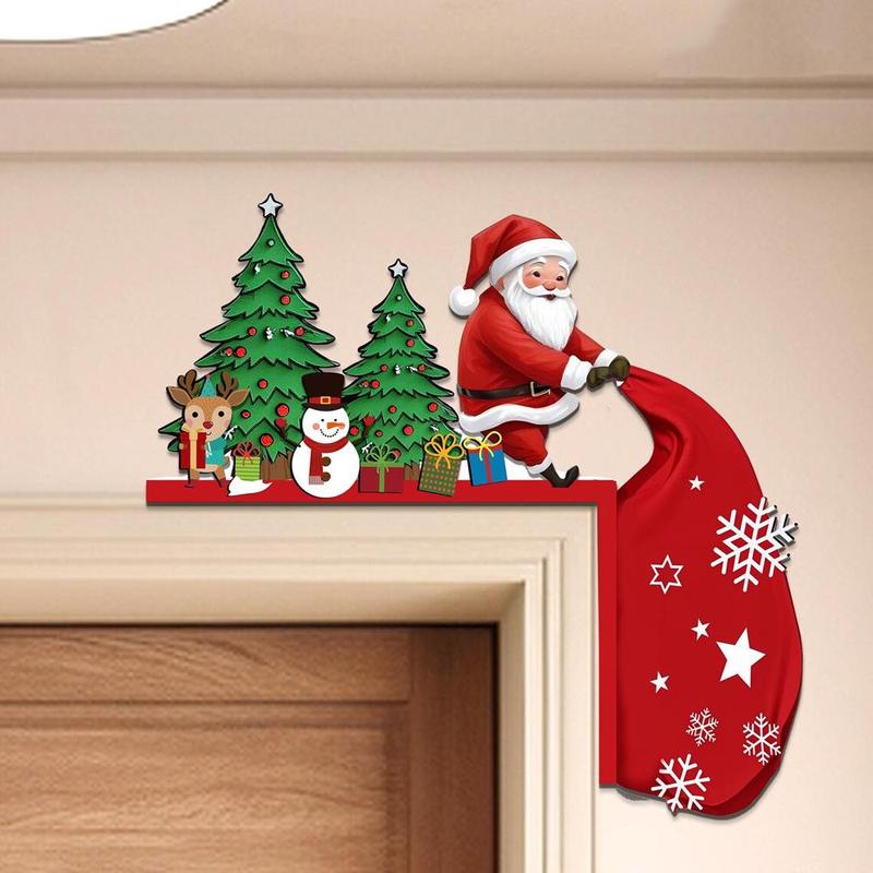 Santa Claus & Reindeer & Christmas Tree Design Door Corner Sign, 1 Count Wooden Door Decorative Ornament, Home Decor for Living Room, Bedroom, Office