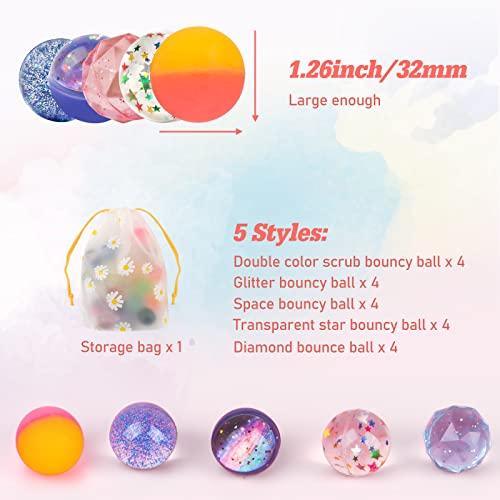 Bouncy Balls for Kids 20 Pieces 5 Styles 32mm Assorted Bouncy Balls with Storage Bag for Birthday Party Favors