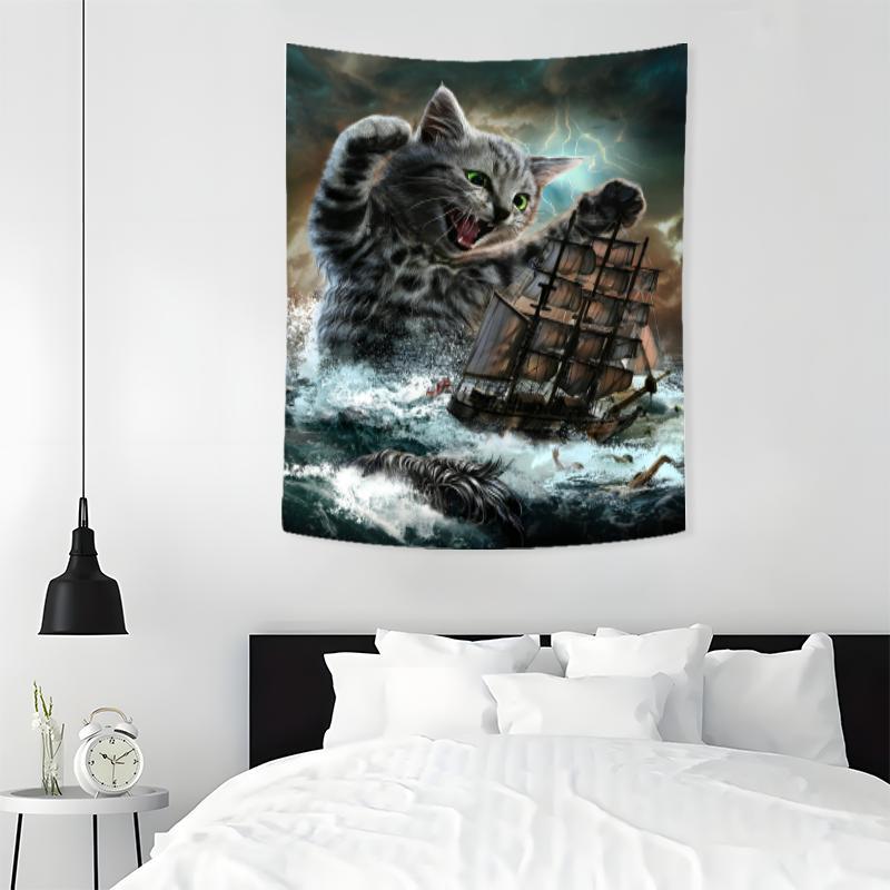 Cat & Ship Pattern Tapestry, 1 Count Wall Hanging Decor, Wall Art for Home Living Room Bedroom Office, Home Decor Accessories, Gift for Friend