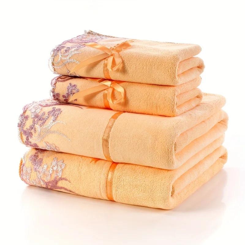 Super Absorbent Space Themed Towel Set - 100% Polyester, 2 Bath & 2 Hand Towels with Lace Embroidery - Modern Style, 350g ㎡