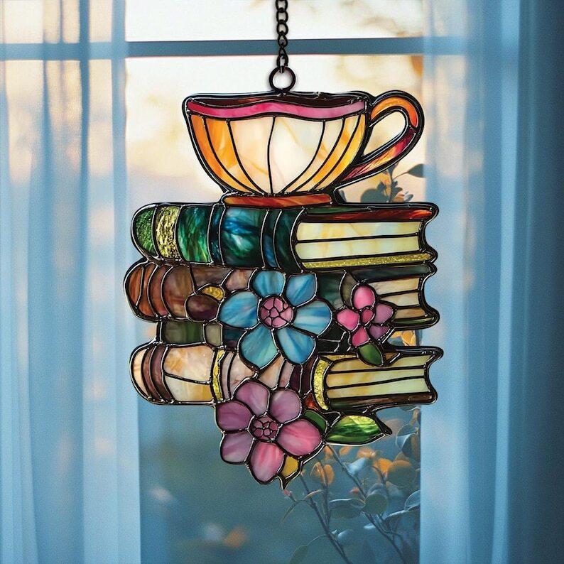 Flower Books And Tea Faux Stained Glass Sun Catcher, Flower Suncatcher Ornament, Bookish Gift, Book Lover Gift, Housewarming Gift