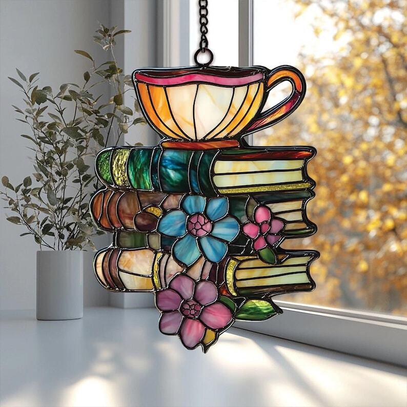 Flower Books And Tea Faux Stained Glass Sun Catcher, Flower Suncatcher Ornament, Bookish Gift, Book Lover Gift, Housewarming Gift