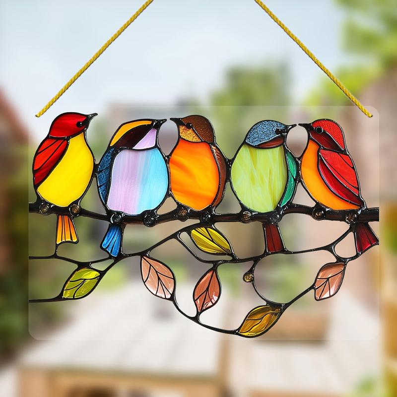 Bird Pattern Stained Glass Hanging Decor, 1 Count Colorful Bird Acrylic Hanging Ornament, Spring Hanging Decor for Home Garden Yard Balcony