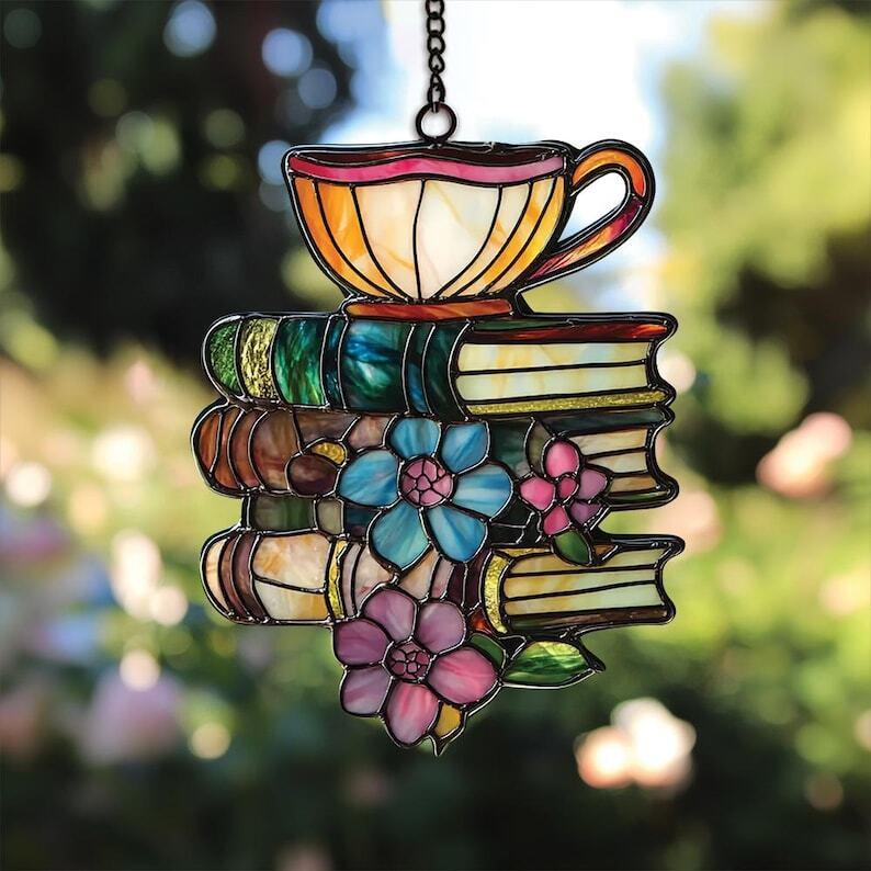 Flower Books And Tea Faux Stained Glass Sun Catcher, Flower Suncatcher Ornament, Bookish Gift, Book Lover Gift, Housewarming Gift