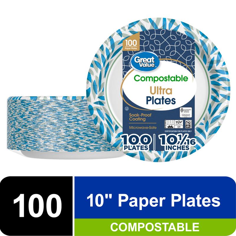 Great Value Ultra Compostable Disposable Paper Plates, 10