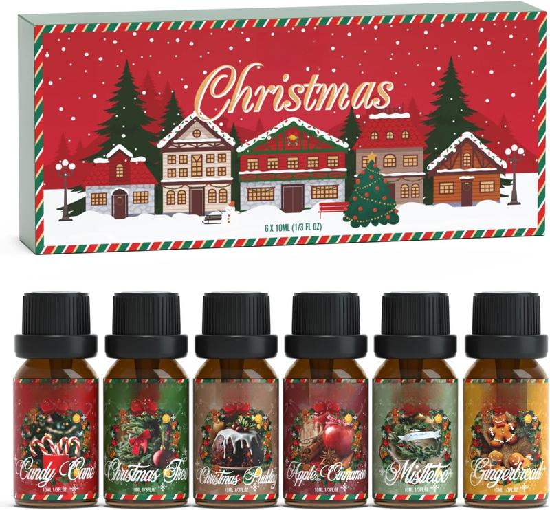 Christmas Fragrance Oils Set, Winter Essential Oils for Diffuser, Candle Making, Scented Oils Gift - Candy Cane, Christmas Tree, Christmas Pudding, Apple Cinnamon, Gingerbread, Mistletoe