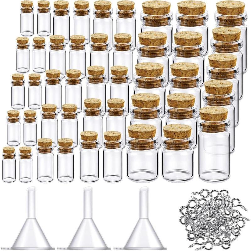 (Fragile items) 45countMini Glass Bottles, Storage Bottles with 50countEye Screws and 3countFunnels Clear Small Wishing Jars with Cork Stoppers Small Cork Glass Bottles for DIY Crafts Party Home (0.5ml, 1ml, 3ml, 5ml, 10 ml)