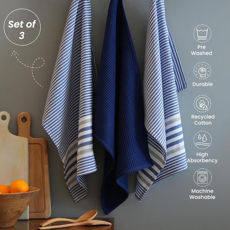 Co. Decorative Kitchen Towels Set of 3 Recycled Cotton Waffle Weave Dish Towels for Drying Dishes, 28x18 inch, Blue-Absorbent Tea Towels | Boho Stripe Design | Eco-Friendly Cleaning Hand