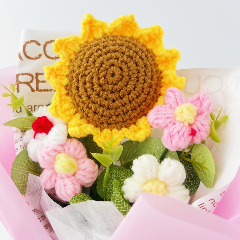 Crochet Flowers Bouquet Sunflower Exquisite Knitted Flower Wrap with Light Ready for Gift Home Decoration Ornaments Decorative Fruit