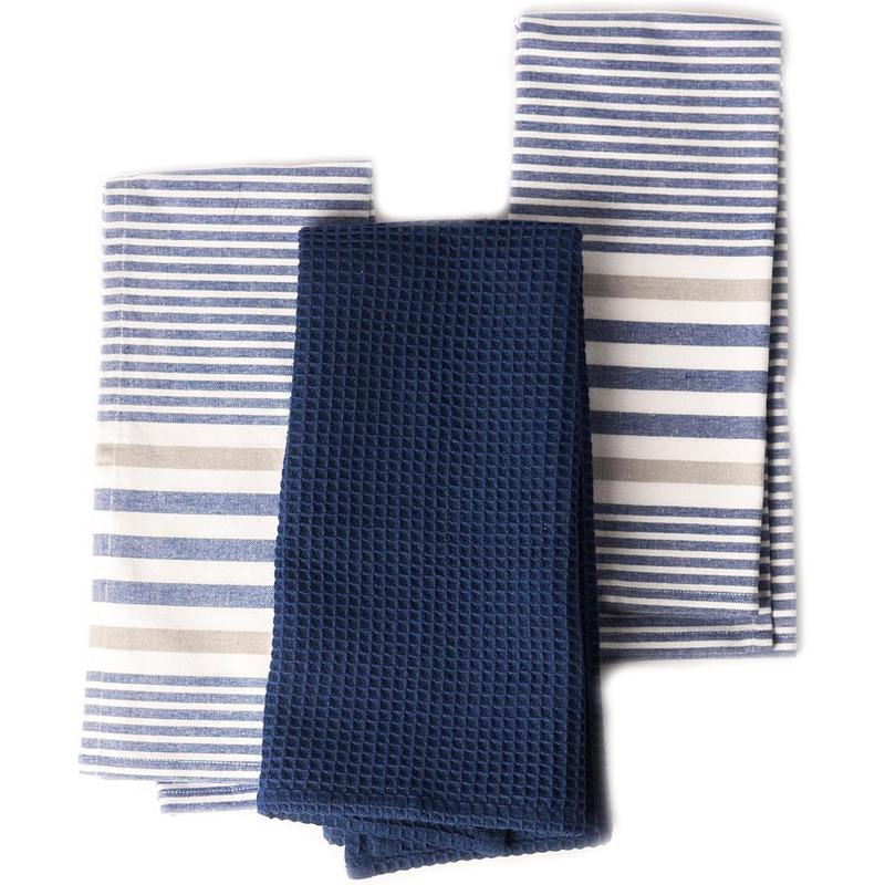 Co. Decorative Kitchen Towels Set of 3 Recycled Cotton Waffle Weave Dish Towels for Drying Dishes, 28x18 inch, Blue-Absorbent Tea Towels | Boho Stripe Design | Eco-Friendly Cleaning Hand