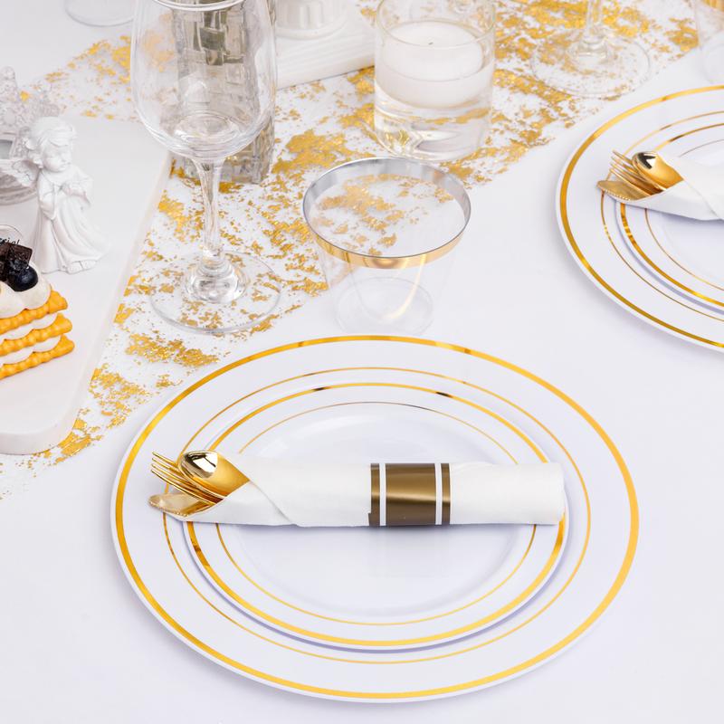 350 Pcs Gold Disposable  Plastic Plates Include: 50 Dinner Plates 10.25”, 50 Dessert Plates 7.5”, 50 Gold Rim Cups ,50 Cutlery for Wedding soft plain Set