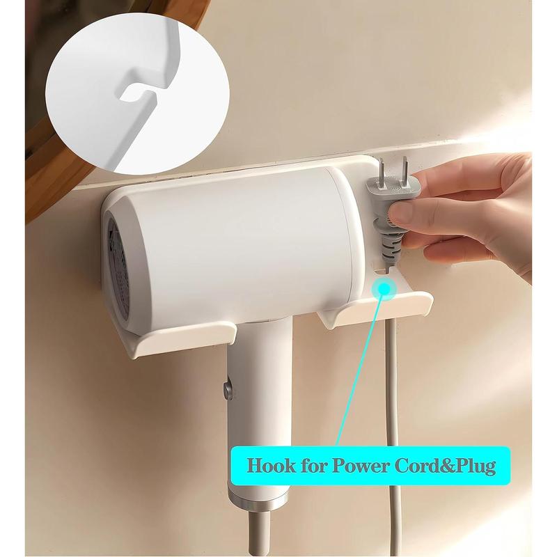 Universal Hair Dryer Holder, Blow Dryer Hanger Wall Mount for Hair Dryer Hook with Plug&Cord Organizer Self Adhesive for Cabinet Bathroom(1 Pack White)