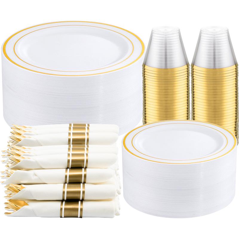 350 Pcs Gold Disposable  Plastic Plates Include: 50 Dinner Plates 10.25”, 50 Dessert Plates 7.5”, 50 Gold Rim Cups ,50 Cutlery for Wedding soft plain Set