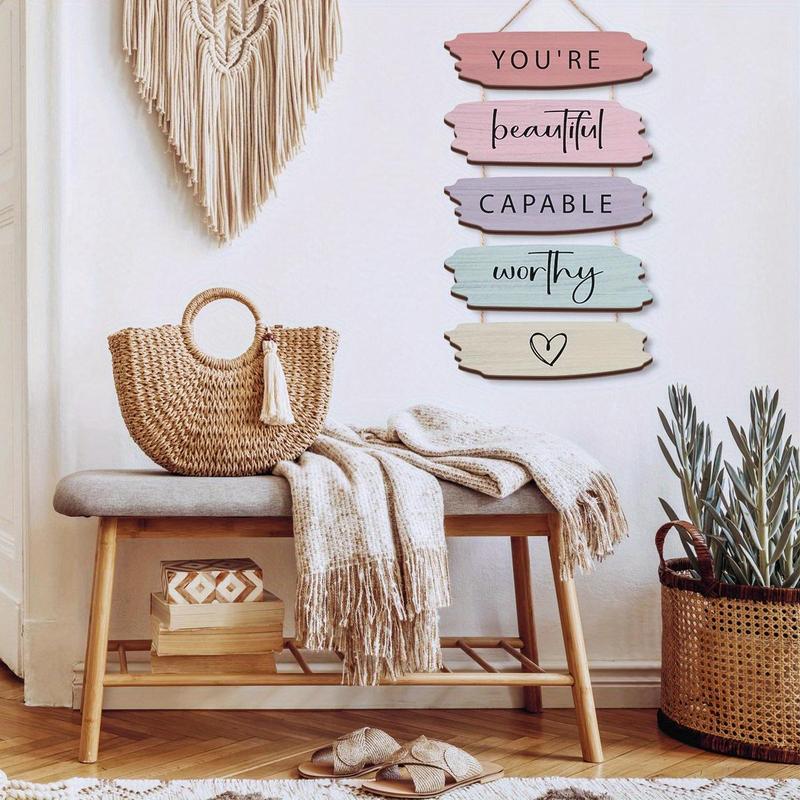 You're Beautiful Capable Worthy Wooden Hanging Sign, 1 Count Inspirational Quotes Wall Hanging Decoration, Wall Art for Living Room Bedroom Decor