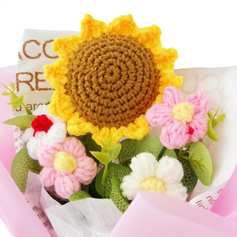 Crochet Flowers Bouquet Sunflower Exquisite Knitted Flower Wrap with Light Ready for Gift Home Decoration Ornaments Decorative Fruit