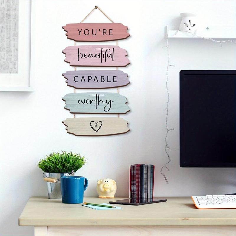 You're Beautiful Capable Worthy Wooden Hanging Sign, 1 Count Inspirational Quotes Wall Hanging Decoration, Wall Art for Living Room Bedroom Decor