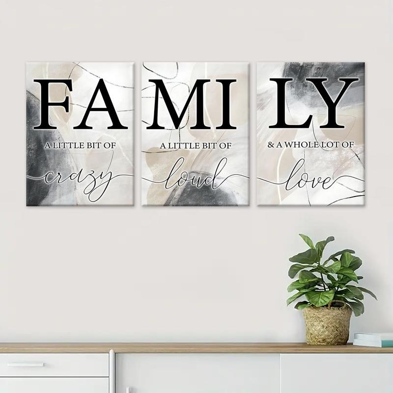 Family Letter Pattern Wooden Framed Canvas Painting, 3 Counts Modern Art Wall Decor, Wall Art for Home Living Room Bedroom Office Room Decor, Christmas 2024 Ornament, Christmas Gift Ideas, Stocking Stuffers