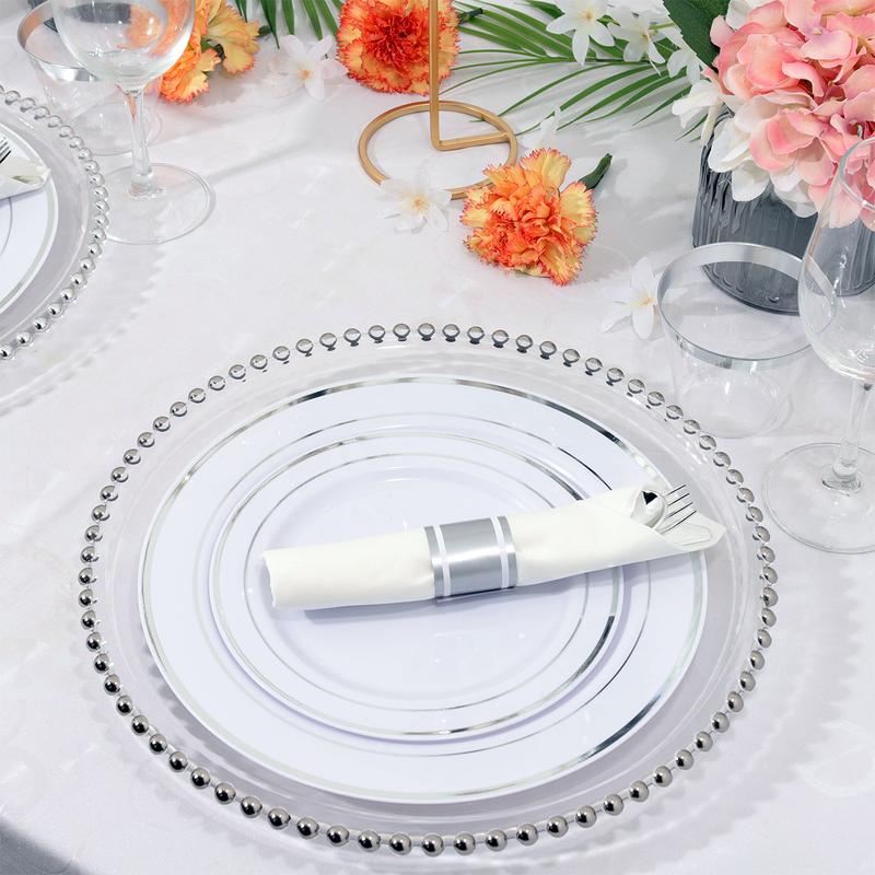 350 Pcs Gold Disposable  Plastic Plates Include: 50 Dinner Plates 10.25”, 50 Dessert Plates 7.5”, 50 Gold Rim Cups ,50 Cutlery for Wedding soft plain Set