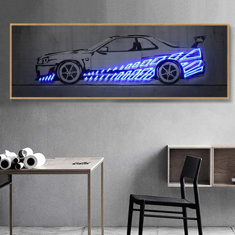 Luminous Car Pattern Canvas Painting without Frame, 1 Count Creative Car Pattern Wall Art, Wall Art Decor for Home Living Room Bedroom Office