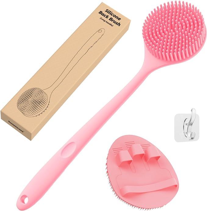 Silicone Back Body Scrubber(Thick Bristles) & Soft Bath Glove Set, Super-Exfoliating Body Scrubber & Super-Lathering Shower Brush Combination