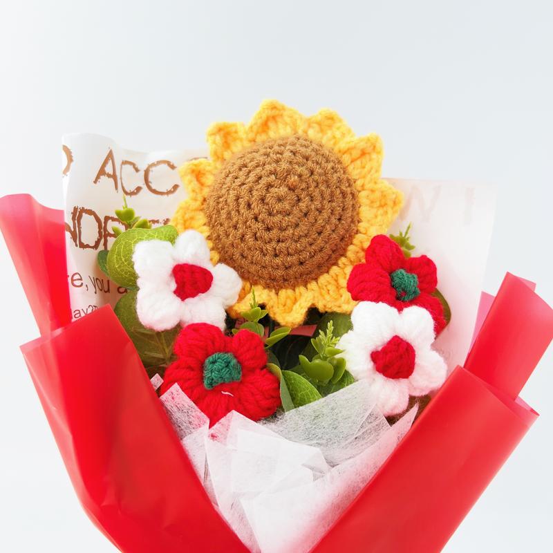 Crochet Flowers Bouquet Sunflower Exquisite Knitted Flower Wrap with Light Ready for Gift Home Decoration Ornaments Decorative Fruit