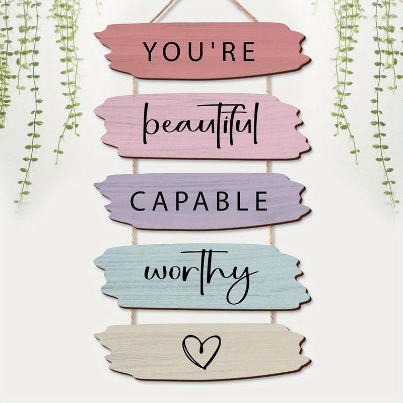 You're Beautiful Capable Worthy Wooden Hanging Sign, 1 Count Inspirational Quotes Wall Hanging Decoration, Wall Art for Living Room Bedroom Decor