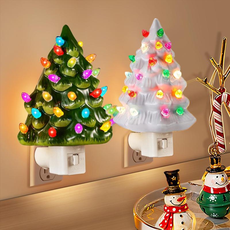 Lucy Art 90 Christmas Ceramic Tree Night Light, Decorative Retro Christmas Tree Nightlight with Lamp, Multicolor Bulbs and 360 Degree Swivel