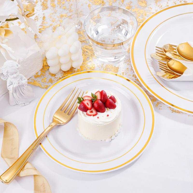 350 Pcs Gold Disposable  Plastic Plates Include: 50 Dinner Plates 10.25”, 50 Dessert Plates 7.5”, 50 Gold Rim Cups ,50 Cutlery for Wedding soft plain Set