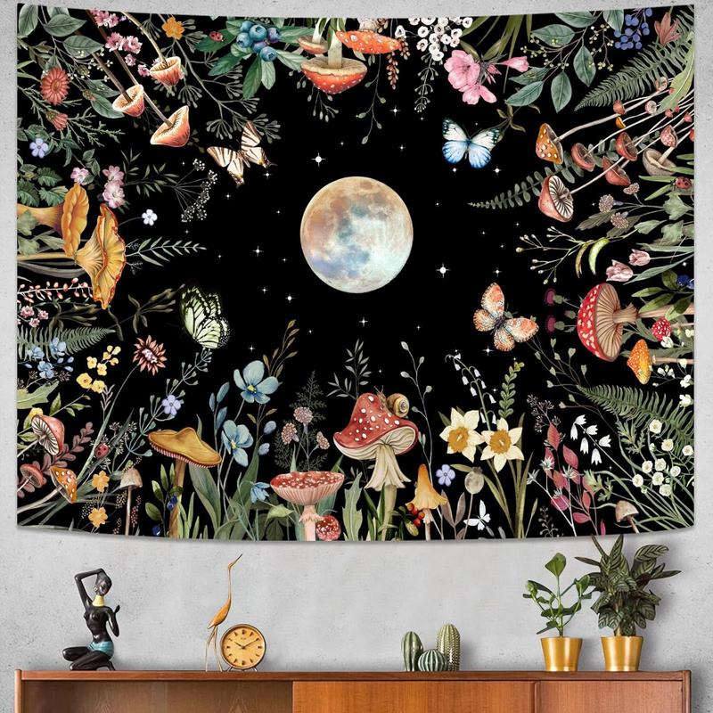 Moon Garden Tapestry Moonlit Green Plant Botanical Mushroom Flowers Tapestry Wall Hanging Black Nature Floral Butterfly Aesthetic Tapestries for Bedroom Dorm Living Room (48''  36'')