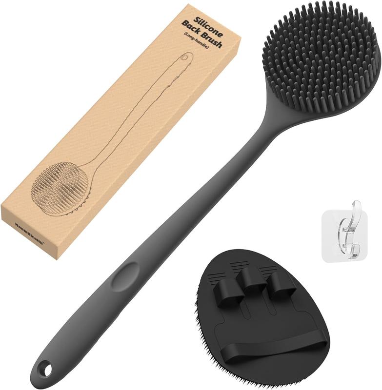 Silicone Back Body Scrubber(Thick Bristles) & Soft Bath Glove Set, Super-Exfoliating Body Scrubber & Super-Lathering Shower Brush Combination