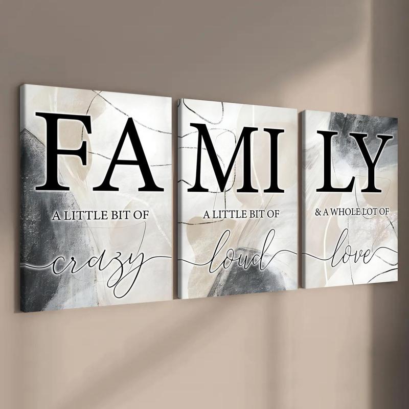 Family Letter Pattern Wooden Framed Canvas Painting, 3 Counts Modern Art Wall Decor, Wall Art for Home Living Room Bedroom Office Room Decor, Christmas 2024 Ornament, Christmas Gift Ideas, Stocking Stuffers