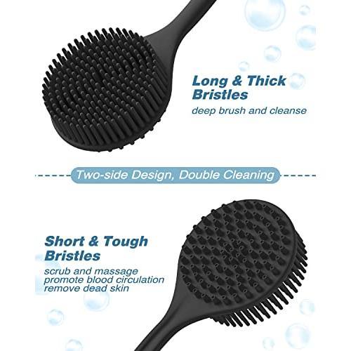 Manmihealth Silicone Back Scrubber & Soft Bath Glove Set 4 PCS(Thick Bristles), Super-Exfoliating Body Scrubber & Super-Lathering Shower Brush Combination, with 2 Free Hooks (Black)