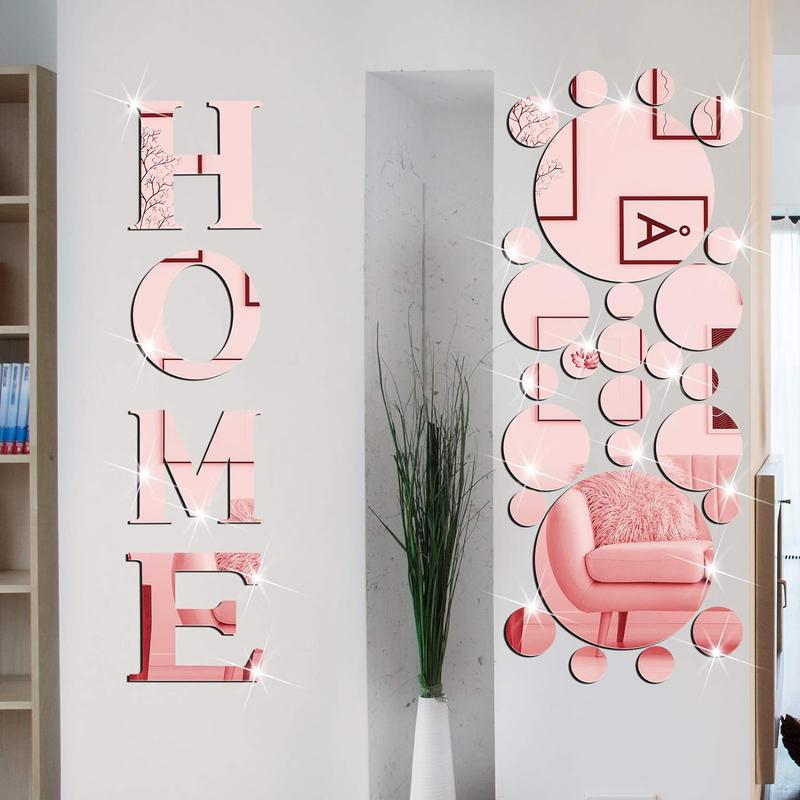 30 Pcs Living Room Wall Décor Home Mirror Wall Stickers Letter Signs DIY Acrylic Mirror Decals 3D Wall Decorations for Home Bedroom Living Room Décor Removable (Rose Gold)