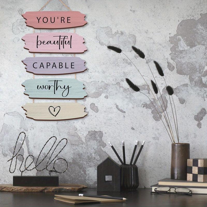 You're Beautiful Capable Worthy Wooden Hanging Sign, 1 Count Inspirational Quotes Wall Hanging Decoration, Wall Art for Living Room Bedroom Decor