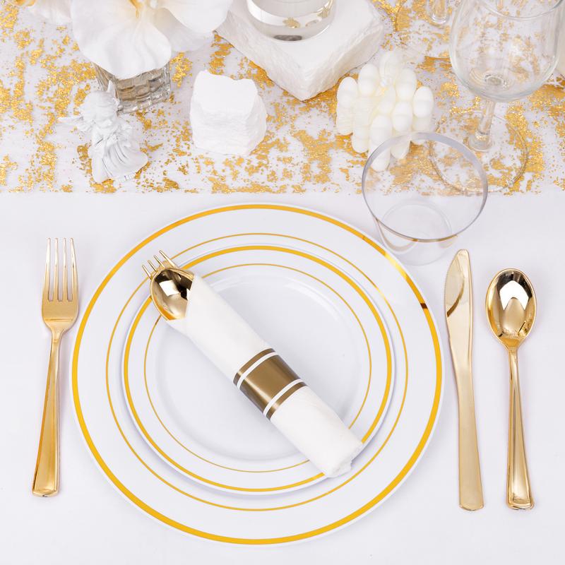 350 Pcs Gold Disposable  Plastic Plates Include: 50 Dinner Plates 10.25”, 50 Dessert Plates 7.5”, 50 Gold Rim Cups ,50 Cutlery for Wedding soft plain Set