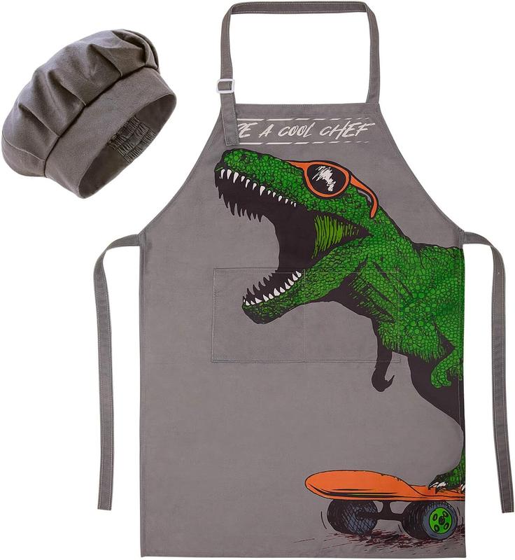 Apron and Chef Hat for Boys Dinosaur  Aprons with Pockets,  Apron for Cooking Baking Painting 3-12 Years