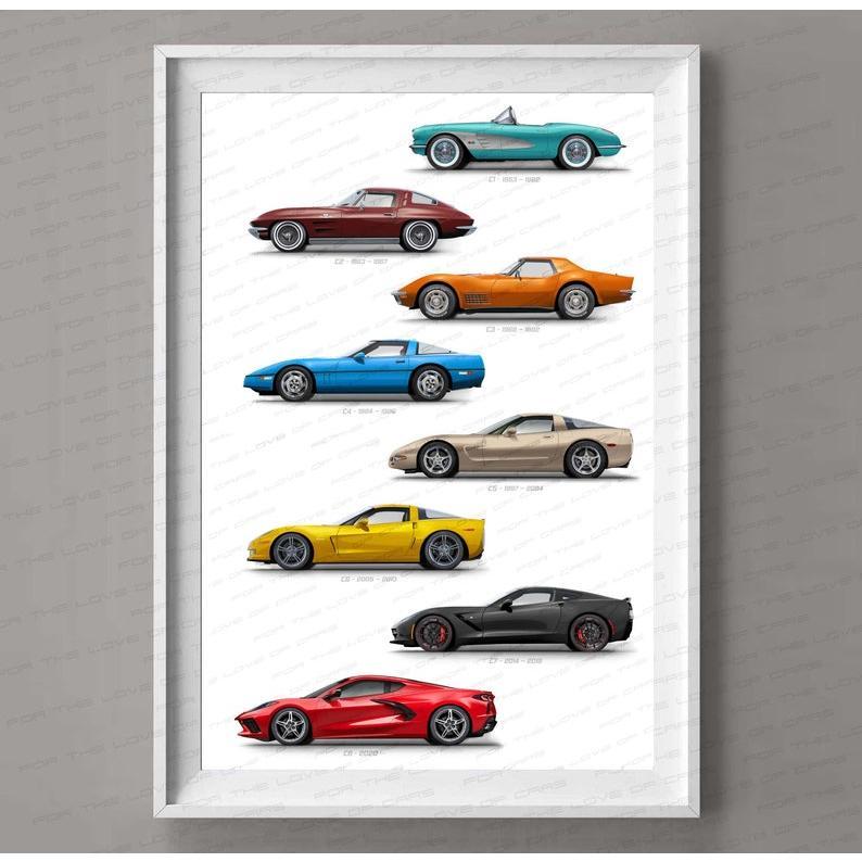 Chevrolet Corvette generations gift for car lovers handmade artwork print, wall art, poster   gifts for him   car art 5X551