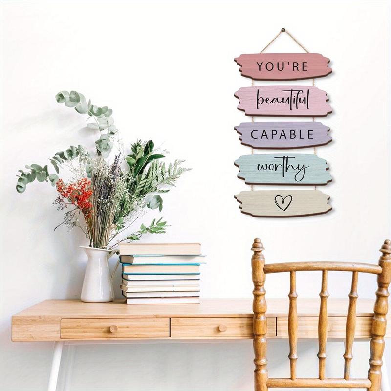 You're Beautiful Capable Worthy Wooden Hanging Sign, 1 Count Inspirational Quotes Wall Hanging Decoration, Wall Art for Living Room Bedroom Decor