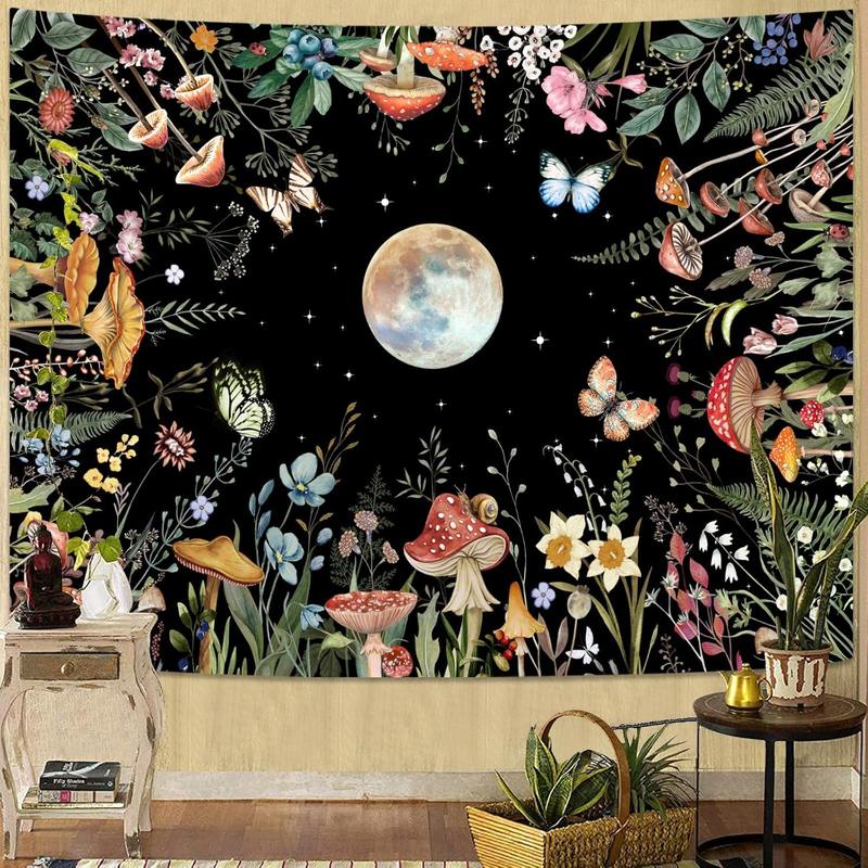 Moon Garden Tapestry Moonlit Green Plant Botanical Mushroom Flowers Tapestry Wall Hanging Black Nature Floral Butterfly Aesthetic Tapestries for Bedroom Dorm Living Room (48''  36'')