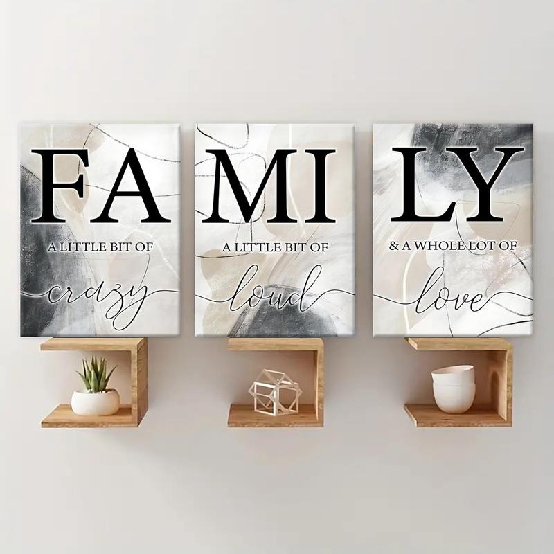 Family Letter Pattern Wooden Framed Canvas Painting, 3 Counts Modern Art Wall Decor, Wall Art for Home Living Room Bedroom Office Room Decor, Christmas 2024 Ornament, Christmas Gift Ideas, Stocking Stuffers