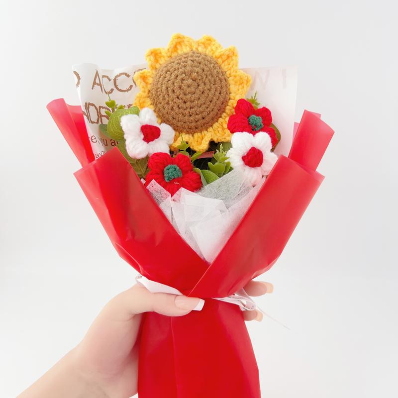 Crochet Flowers Bouquet Sunflower Exquisite Knitted Flower Wrap with Light Ready for Gift Home Decoration Ornaments Decorative Fruit