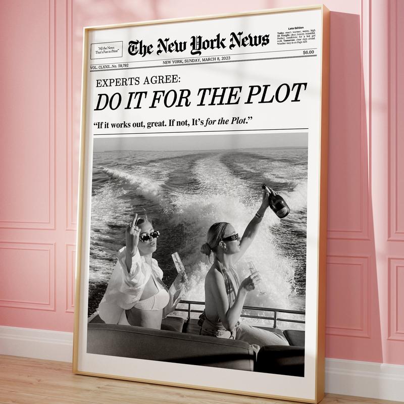 Trendy Newspaper Print, Do it for The Plot, Hot Girls Poster, New York News, Magazine Bar Cart Print, Retro Girly Dorm