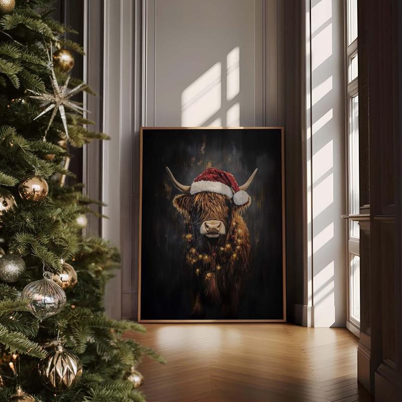 Aglined Highland Cow Christmas Art Print, Santa Hat Rustic Farmhouse Holiday Wall Art, Dark Academia Print, Unframed Poster